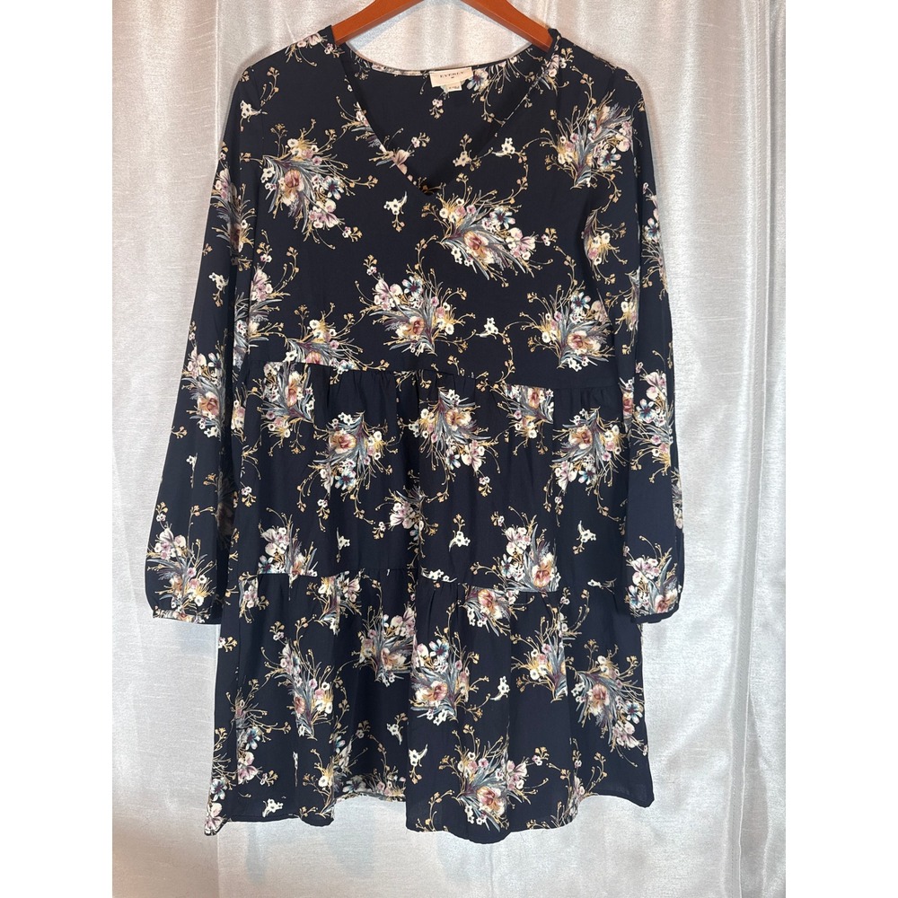 Everly Floral Print Tiered Dress Long‎ Sleeve V Neck Womens Size M